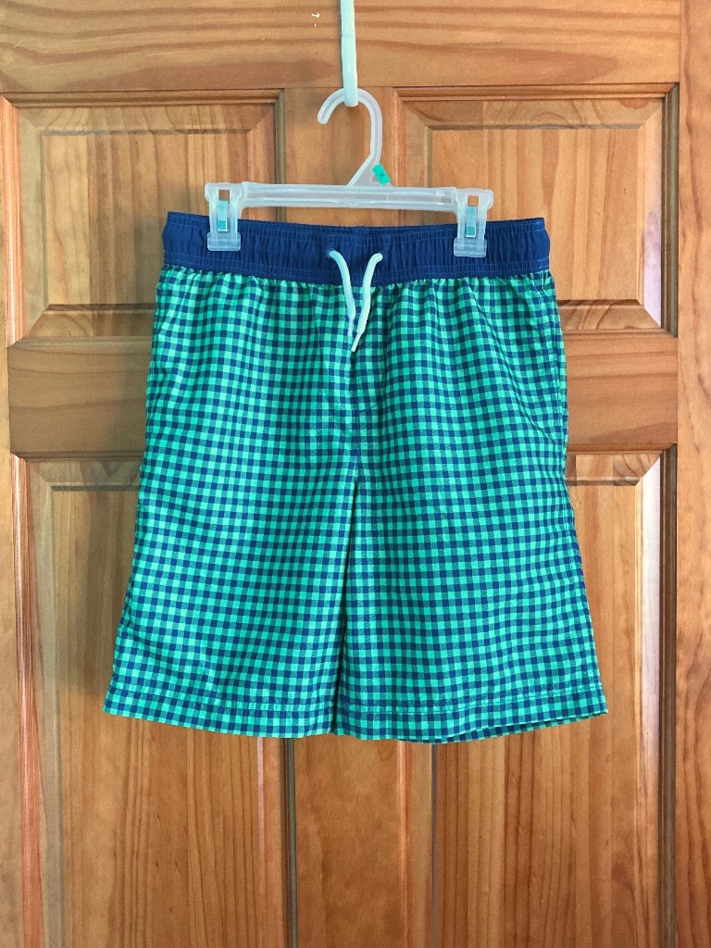 Boy’s size 10-12 Lands’ End blue and green checked swim trunks-like new